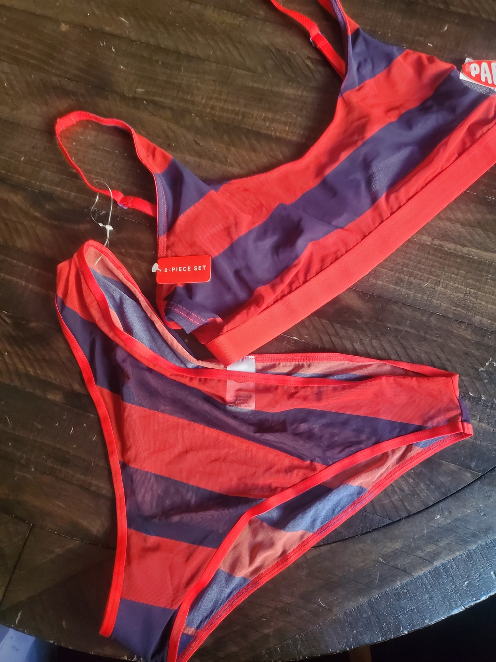 Striped Red & Blue Two-Piece Bralette and Bikini Panty Set